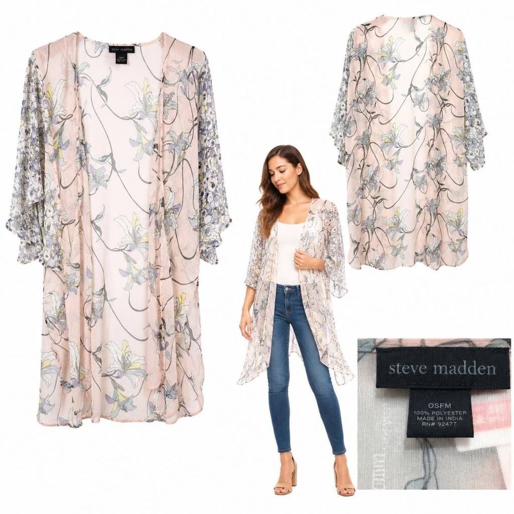 Steve Madden OSFM Blush Floral Sheer Long Kimono Duster